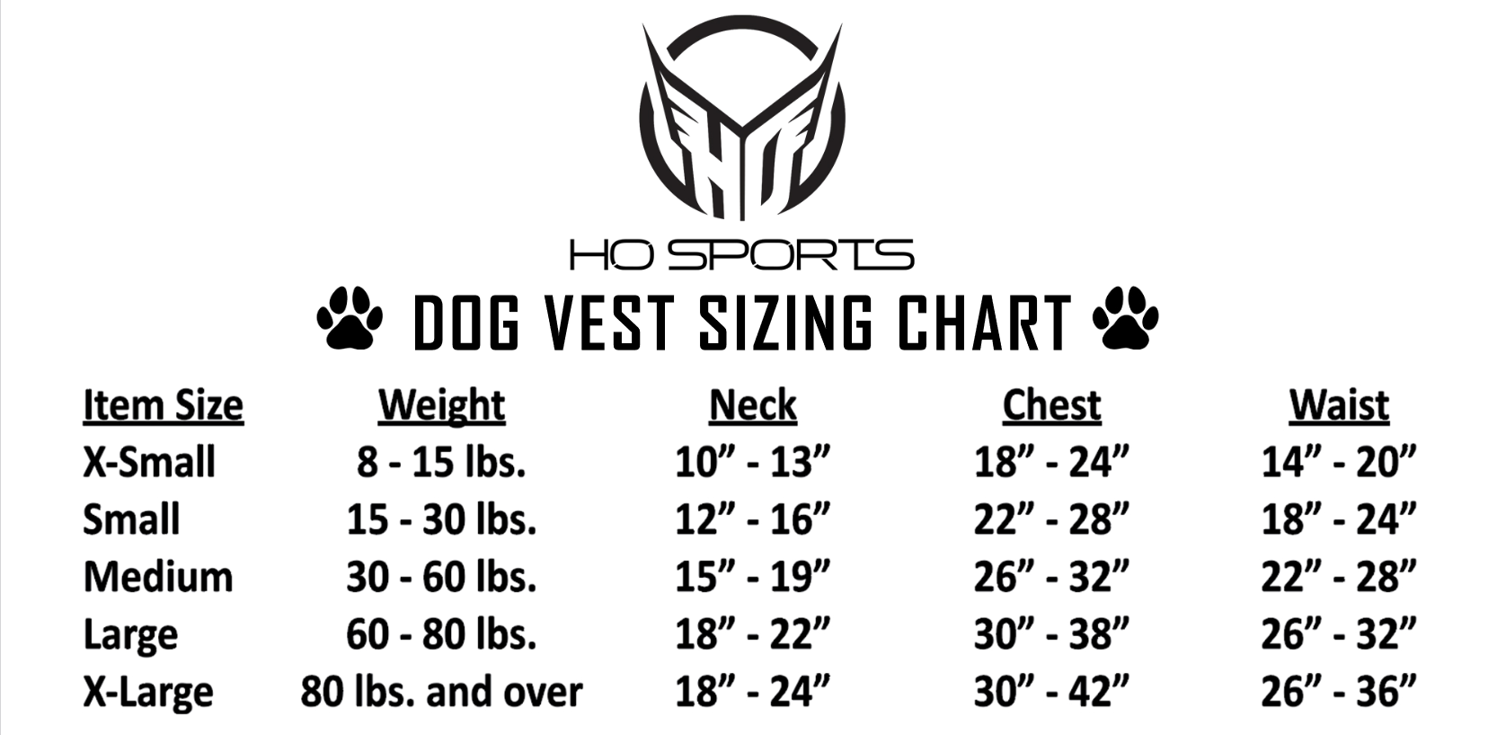 HO Sport Dog Vest 0 Størrelsesskema